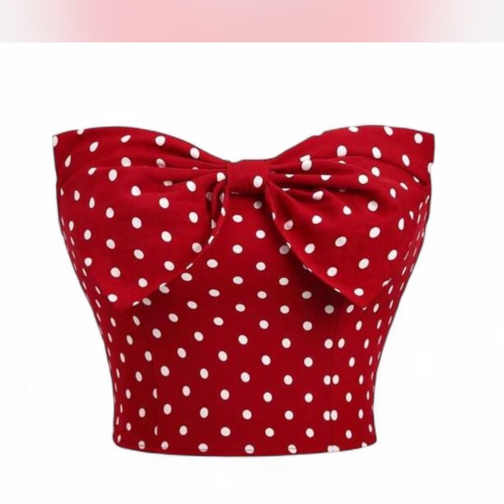 Red Polka Dot Bow Strapless Top
